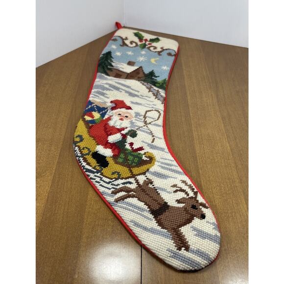 Vintage Needlepoint Christmas Stocking Santa Sleigh Reindeer Red Fabric Back - Picture 1 of 11